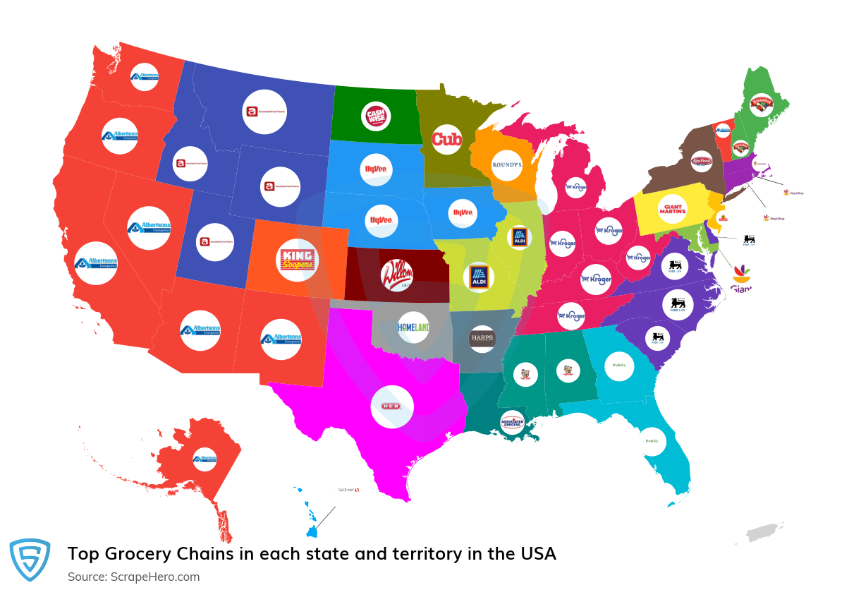 Map of top grocery chains in each state and territory in the United States in 2025