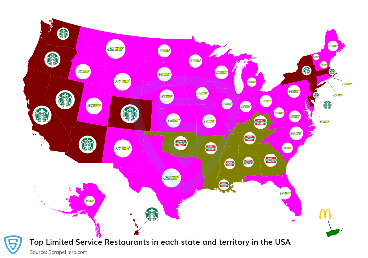 Map of top limited service restaurants in each state and territory in the United States in 2025
